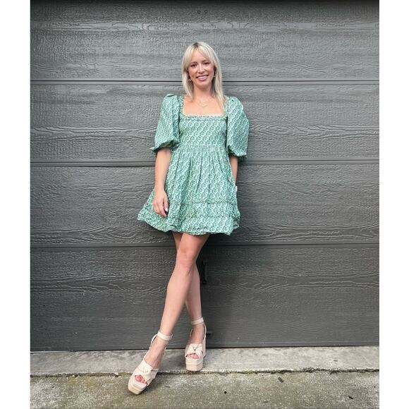 RHODE Green Printed 100% Cotton Hourglass Square Neck Daya Mini Dress Size 6